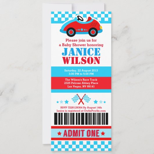 Race Car Ticket Pass Kinderdusche Party Einladung (Vorderseite)