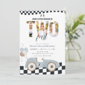 Race Car Two Fast Second Birthday Invite w/ Photo Einladung (Stehend Vorderseite)