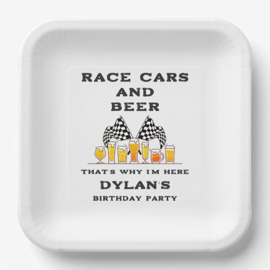Race Cars & Beer Checkered Flag Raceday Birthday Pappteller (Vorderseite)