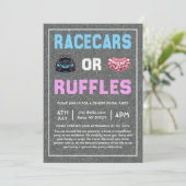 Race Cars oder Ruffles Gender Reveve Einladung (Stehend Vorderseite)