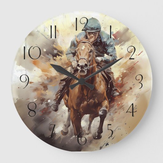 Race Horse Jockey Entschlossenheit Große Wanduhr (Vorderseite)
