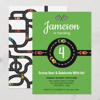 Race Track Boys 4. Geburtstag Grün Einladung