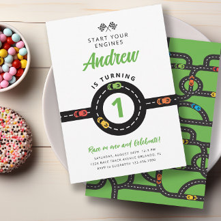 Race Track Cars Green Boys Einladung zum 1. Geburt