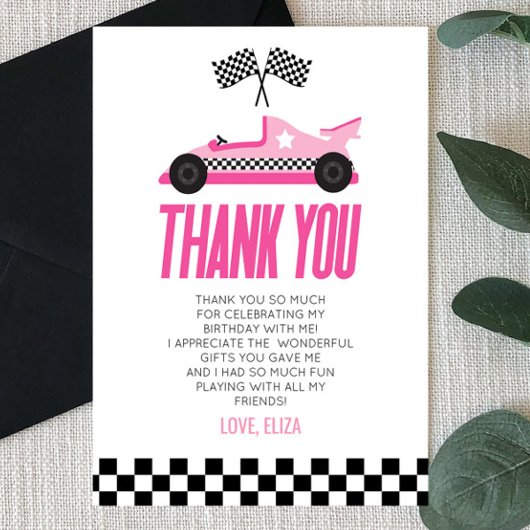 Racecar Race Pink Birthday Party Dankeskarte