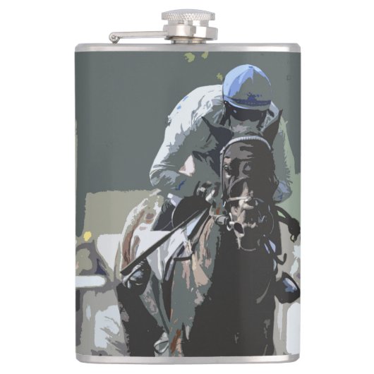 Racehorse mit Jockey in Blue Drink Flask Flachmann (Vorderseite)