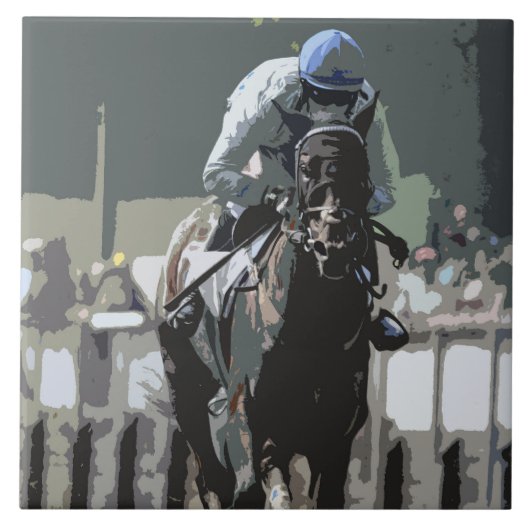 Racehorse mit Jockey in Blue Keramik Tile Fliese (Vorderseite)