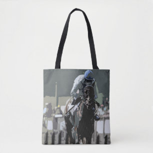 Racehorse mit Jockey in Blue Tote Bag Tasche