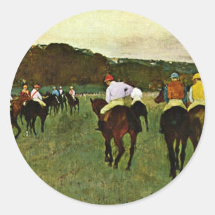Racehorses in Longchamp von Edgar Degas Runder Aufkleber