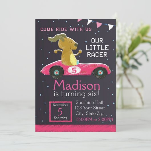 Racer Car Invitation (Mädchen) Einladung (Stehend Vorderseite)