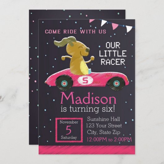 Racer Car Invitation (Mädchen) Einladung (Vorne/Hinten)