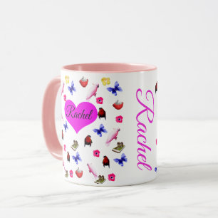Rachel, Name mit Bunnies, Papageienmuster, Tasse
