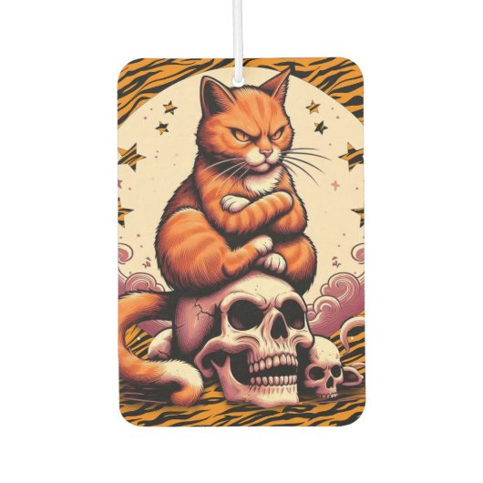 Rachsüchtige orange Katze, Totenköpfe und Mond Autolufterfrischer (Vorderseite)