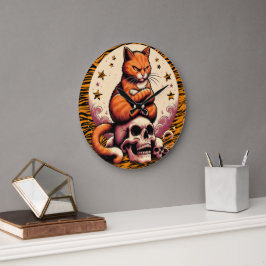 Rachsüchtige orange Katze, Totenköpfe und Mond Große Wanduhr