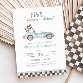 Racing 5th Birthday Invitation, Blue Car 5th B'day Einladung