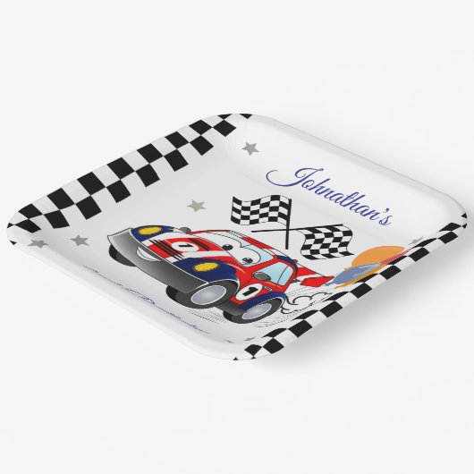 Racing Birthday Party | Race Car & Checked Flag Pappteller (Gewinkelt)