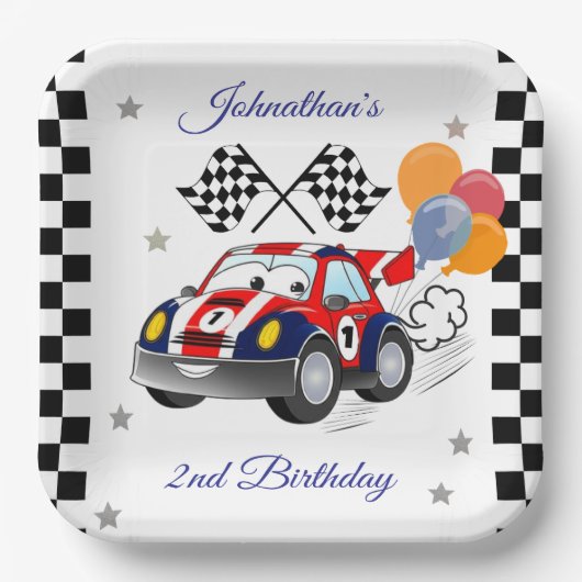 Racing Birthday Party | Race Car & Checked Flag Pappteller (Vorderseite)