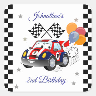 Racing Birthday Party   Race Car & Checked Flag Quadratischer Aufkleber