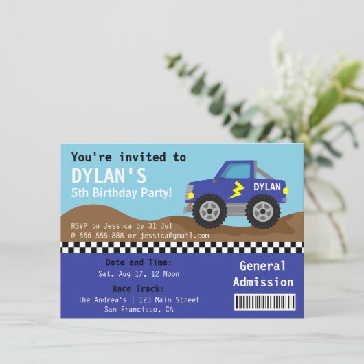Racing Blue Monster Truck Party, Eintrittskarte Einladung (Stehend Vorderseite)