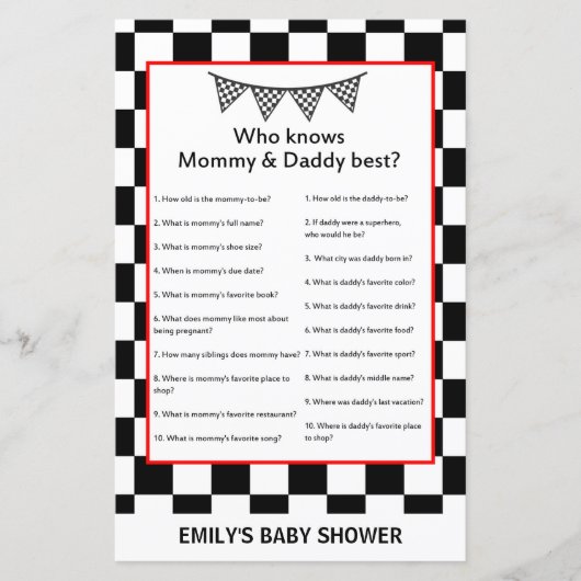 Racing Car Baby Shower Game PRINTED (Vorderseite)