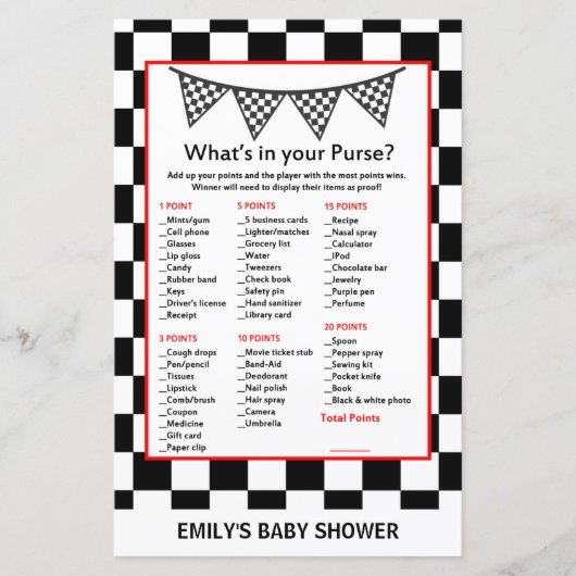 Racing Car Baby Shower Game PRINTED (Vorderseite)
