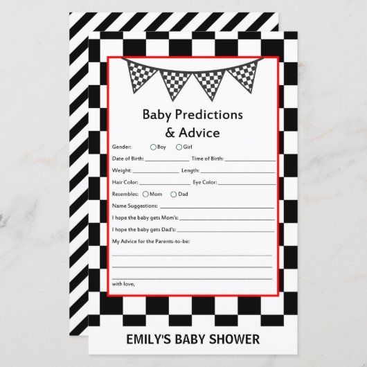 Racing Car Baby Shower Game PRINTED (Vorne/Hinten)