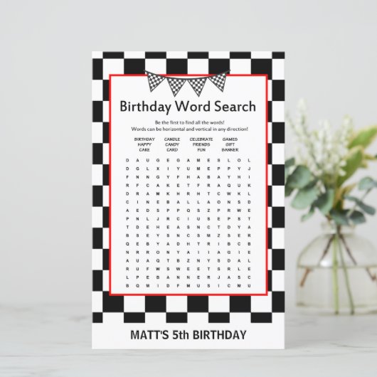 Racing Car Birthday Game PRINTED (Stehend Vorderseite)