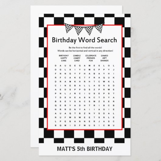 Racing Car Birthday Game PRINTED (Vorne/Hinten)