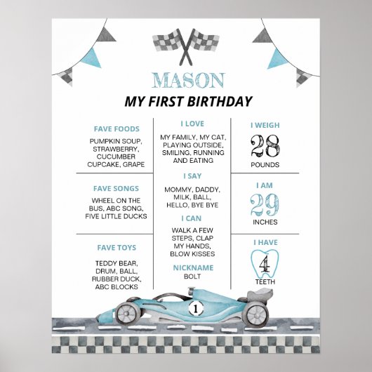 Racing Car Birthday Party Meilenstein Poster (Vorne)