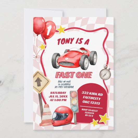 Racing Car Fast 1 Geburtstag Einladung (Vorderseite)