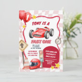 Racing Car Fast 1 Geburtstag Einladung (Stehend Vorderseite)