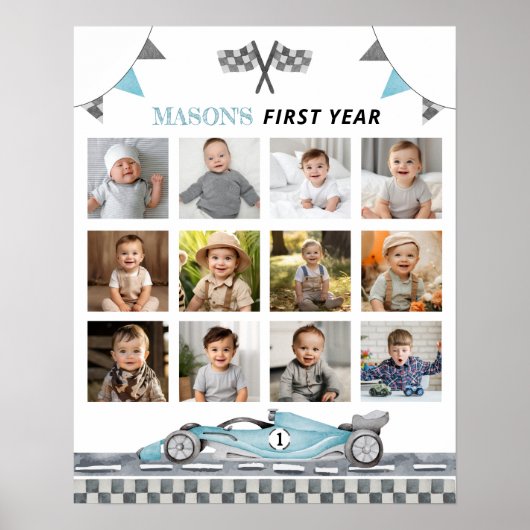 Racing Car First Birthday Party Meilenstein Zeiche Poster (Vorne)
