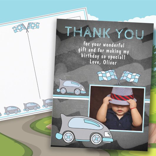 Racing Car Flag Chalkboard Foto Geburtstag Postkarte