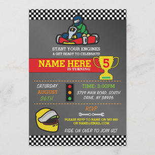 Racing Car Go Karting Kart Geburtstagsparty Einlad Einladung