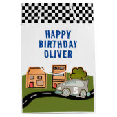 Racing Car Road House Name Happy Birthday Mittlere Geschenktüte (Vorderseite)