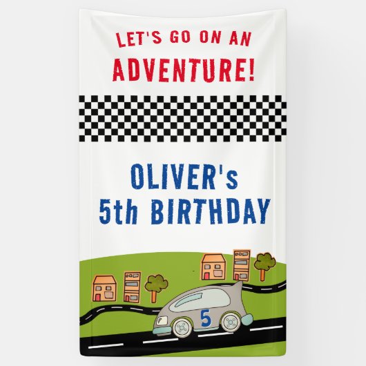 Racing Car Road Houses Boy Birthday Banner (Vertikal)