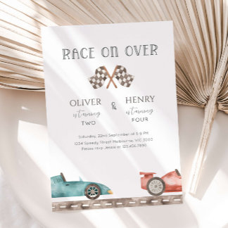 Racing Cars Siblings Joint Birthday Party Einladung