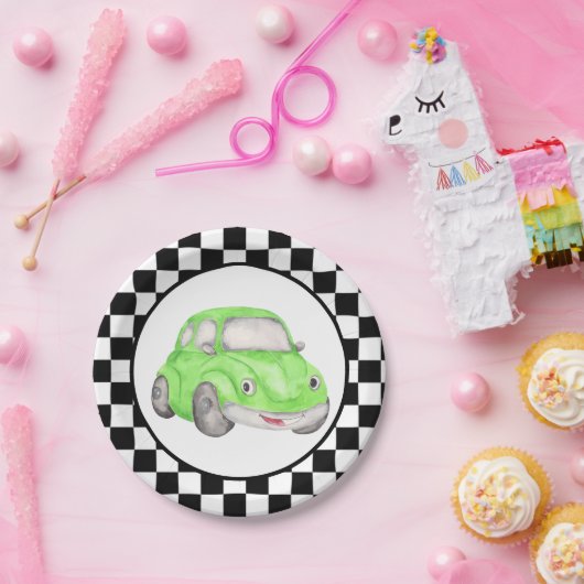 Racing Checkered Flag Green Watercolor Car Pappteller (Party)