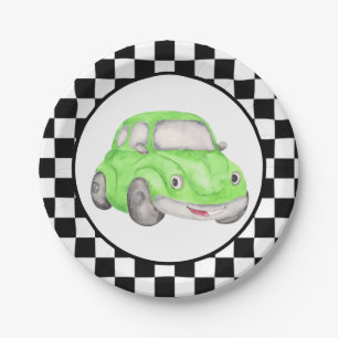 Racing Checkered Flag Green Watercolor Car Pappteller