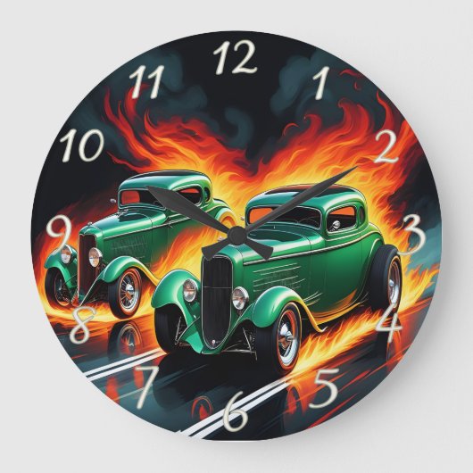 Racing frisierter Autos auf einer feuerbedeckten S Große Wanduhr (Vorderseite)
