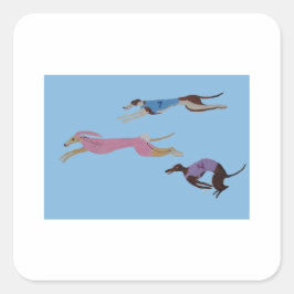 Racing Greyhounds with lead dog in Bunny suit Quadratischer Aufkleber