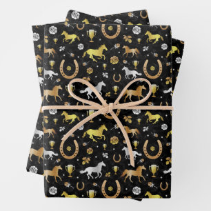 Racing Horseshoes Derby Pattern Black Gold Geschenkpapier Set