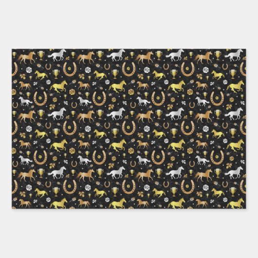 Racing Horseshoes Derby Pattern Black Gold Geschenkpapier Set (Vorderseite)