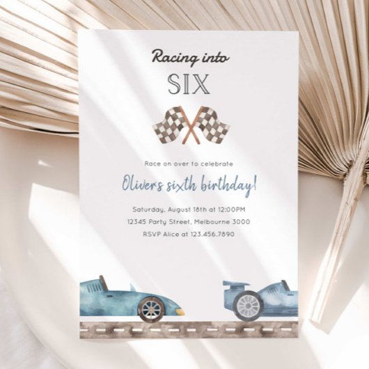 Racing Into Six Blue Car 5th Birthday Invitation Einladung