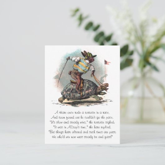 Racing Rabbit Riding Tortoise Postkarte (Stehend Vorderseite)