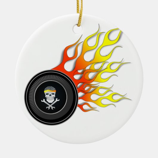 Racing Skull in Flaming Wheel Keramik Ornament (Vorne)