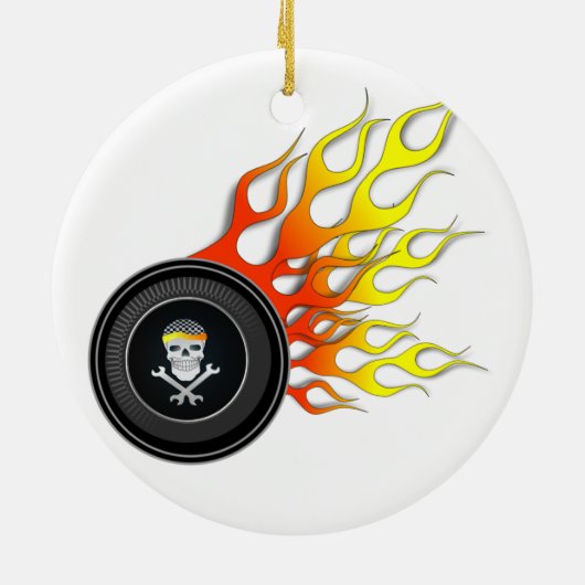 Racing Skull in Flaming Wheel Keramik Ornament (Hinten)