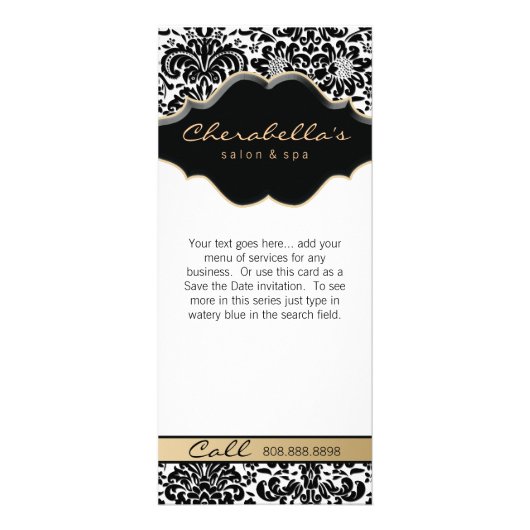 Rack Card Damask Beige Blumensalon Wellness-Center Werbekarte (Vorne)