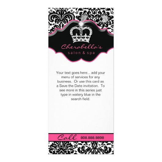 Rack Card Damask White Black Pink Floral Crown Werbekarte (Vorne)