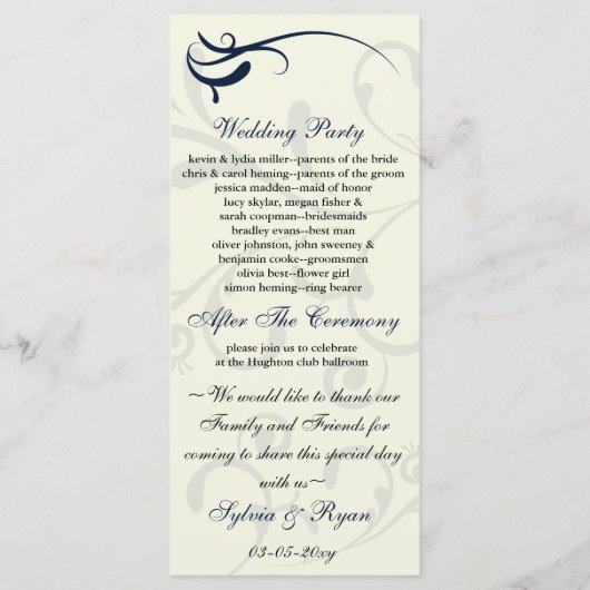 Rack Card für das blaue und Elfenbeinheiratsprogra Programm (Rückseite)