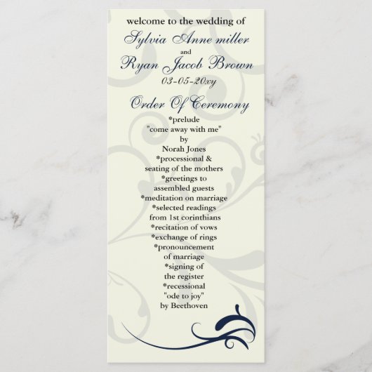 Rack Card für das blaue und Elfenbeinheiratsprogra Programm (Vorderseite)